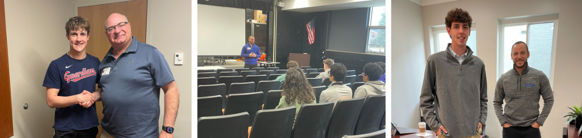 side-by-side photo collage - left: student shakes hands with professional; middle: Mr. Garland speaks to students; right: mr. garland poses with a student